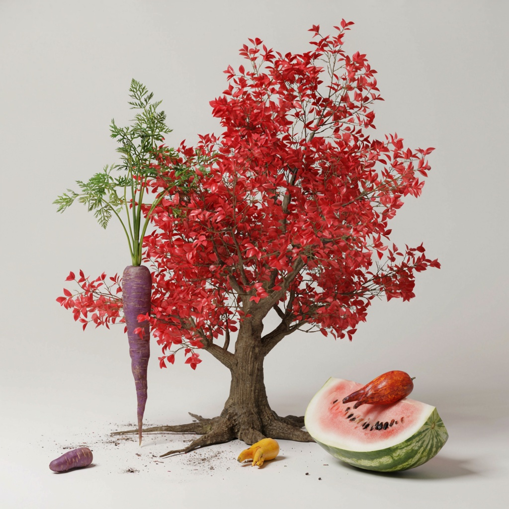 A purple carrot, a red tree with red leaves, and a white wat