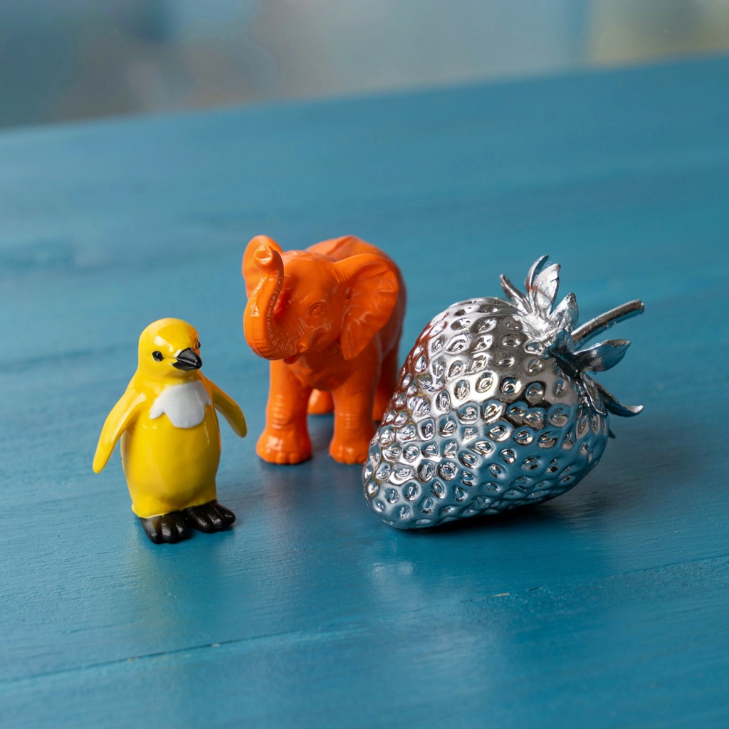 An orange elephant, a yellow penguin, and a silver strawberr