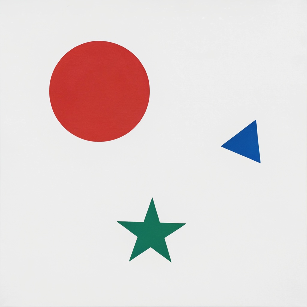 A large red circle, a small blue triangle, and a medium gree