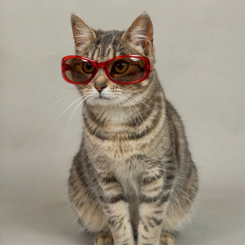 A tabby cat wearing oversized red sunglasses