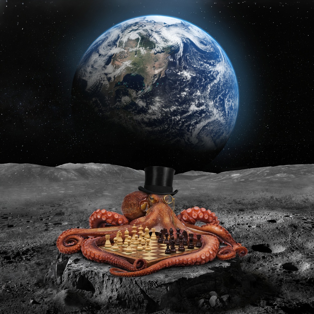 An octopus wearing a top hat and monocle playing chess on th