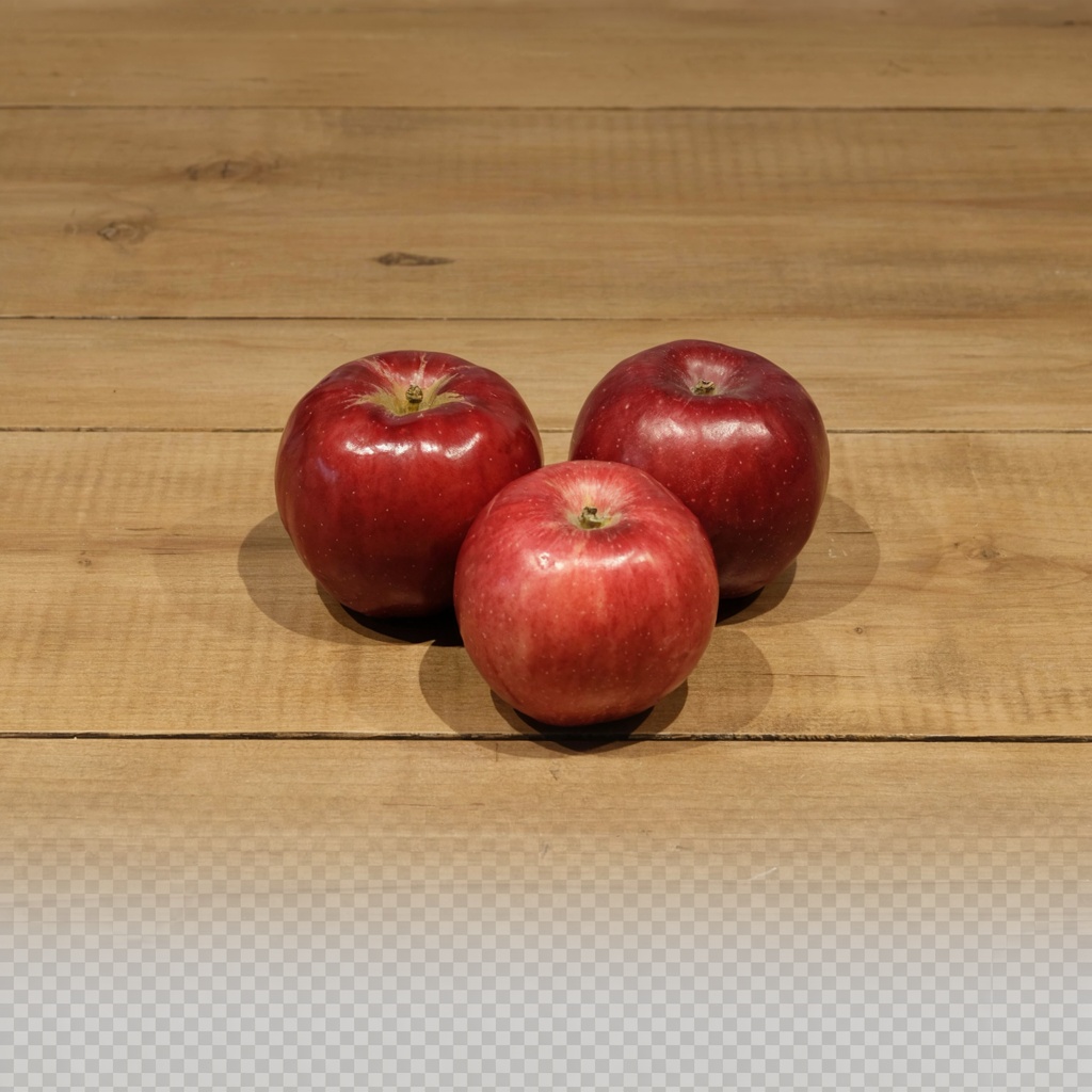 Exactly 3 red apples arranged on a wooden table