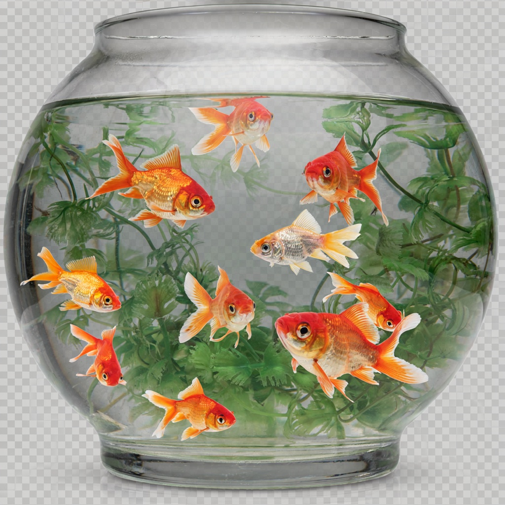 Exactly 9 goldfish swimming in a large round fishbowl