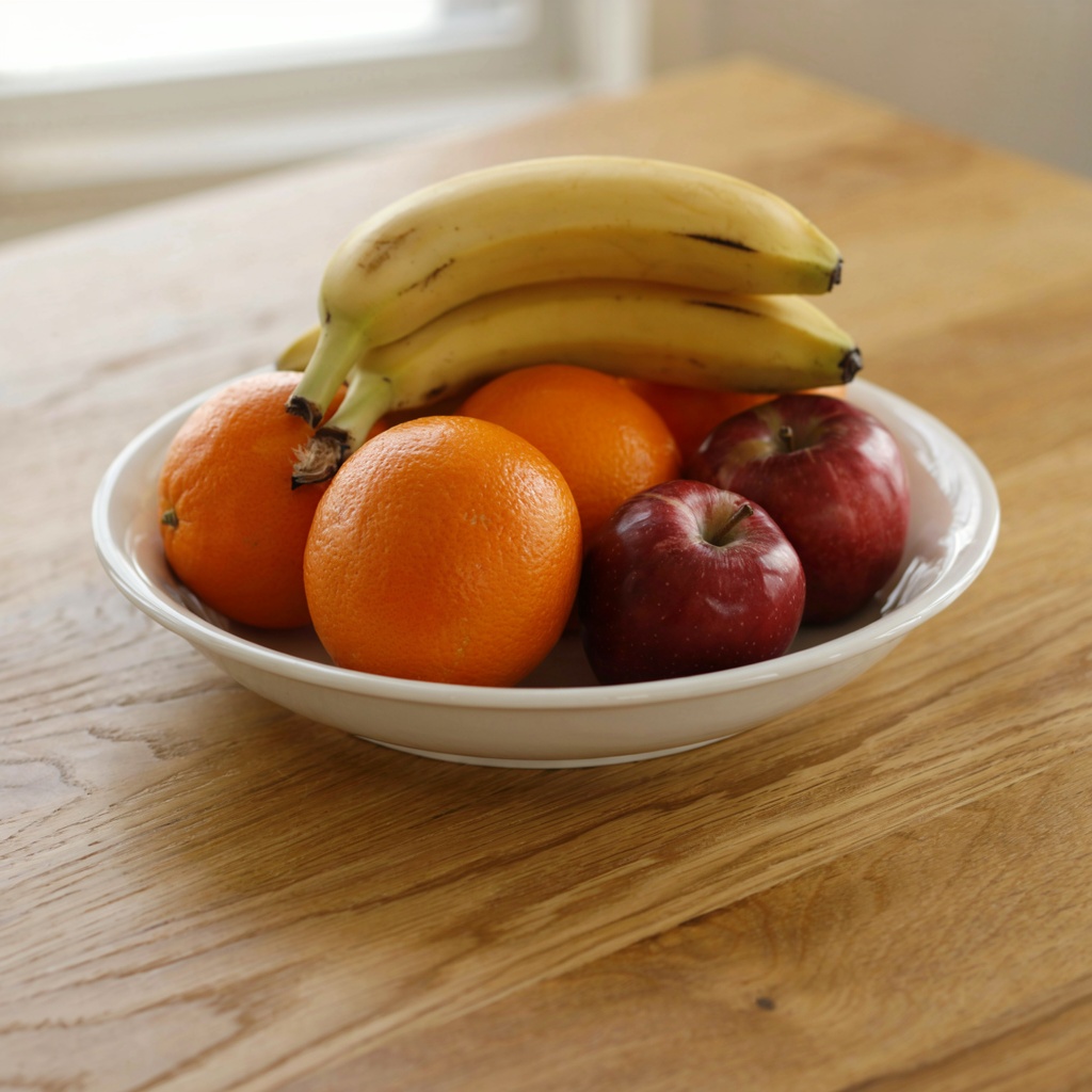 A fruit bowl containing exactly 3 bananas, 4 oranges, and 2 
