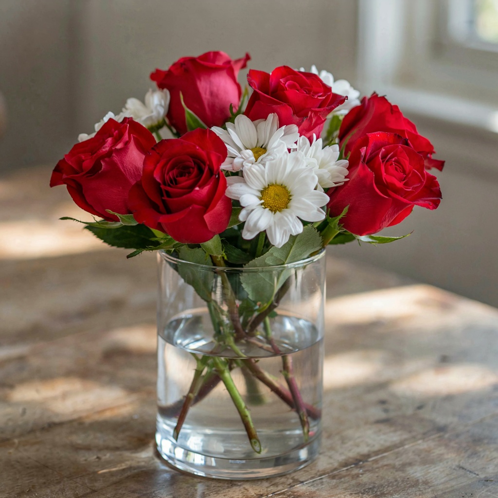 4 red roses and 2 white daisies in a glass vase on a table