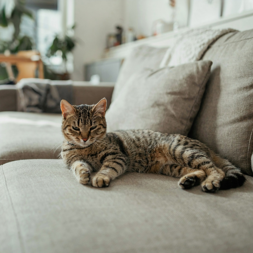 A cat lying on a couch without a collar