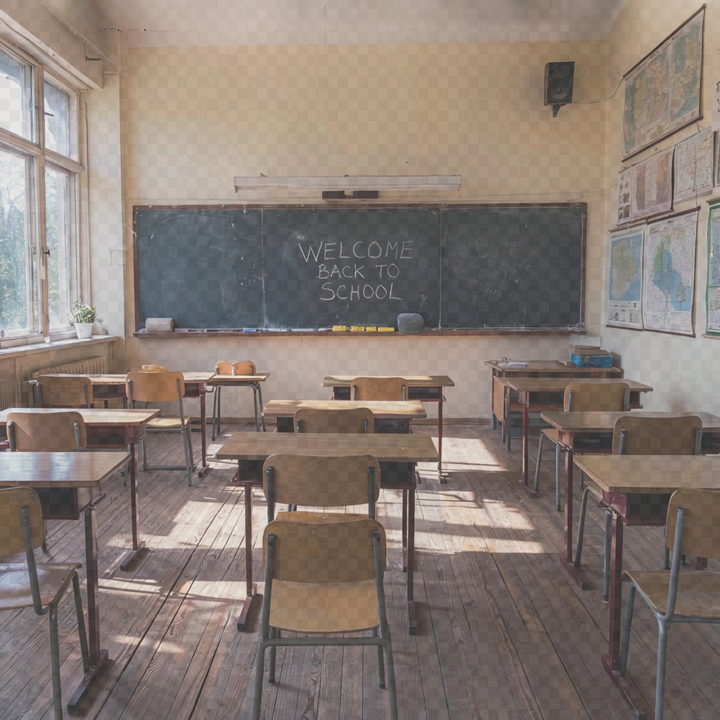 A classroom with desks and a chalkboard but no students