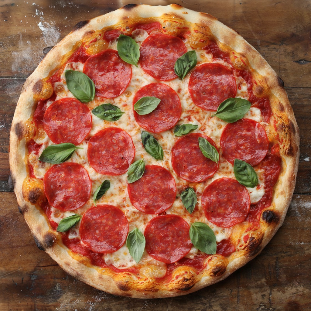 A pepperoni pizza with tomato sauce, basil, and crust but ab