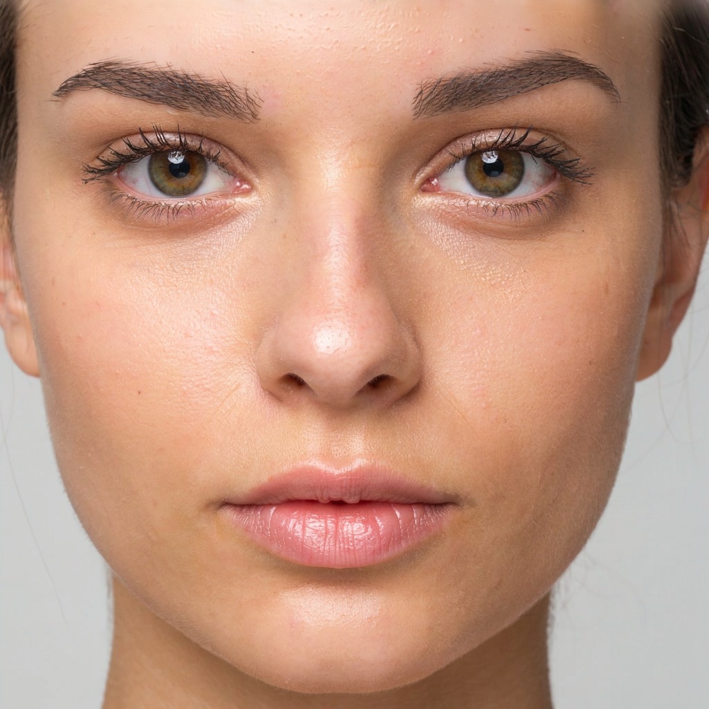 A human face with eyes, nose, and mouth but no eyebrows