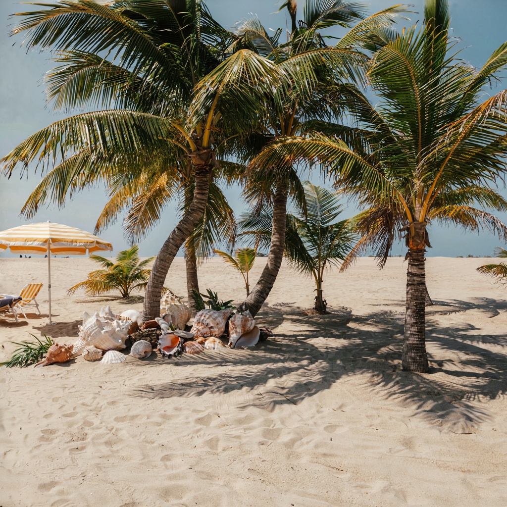 A sandy beach with palm trees, seashells, and a beach umbrel