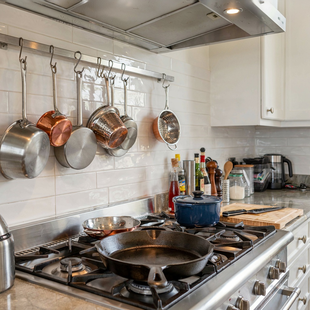 A kitchen with pots, pans, a stove, and a cutting board but 