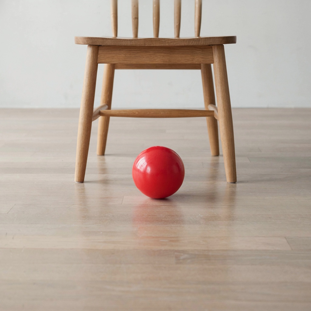 A red ball underneath a wooden chair