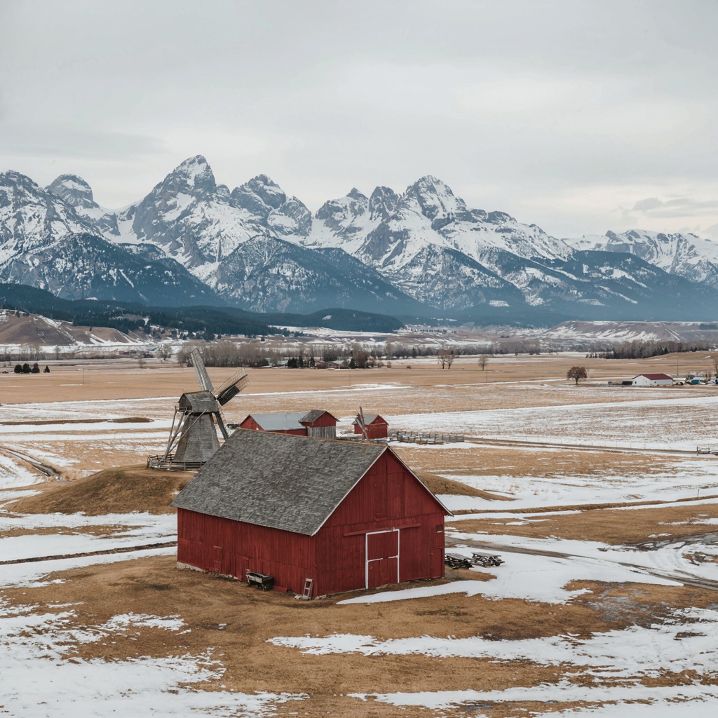 A landscape with a red barn in the foreground at large scale