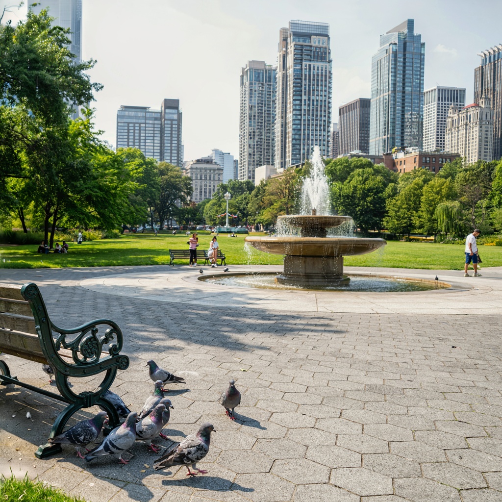 A city park with a park bench and pigeons in the foreground,