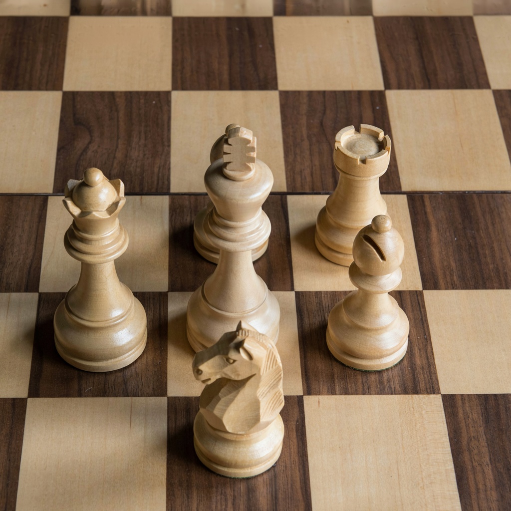 Five chess pieces on a board: a king in the center, a queen 