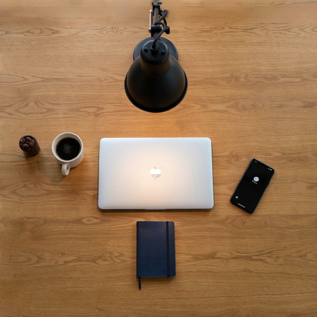A desk scene: laptop in the center, coffee mug to the left, 