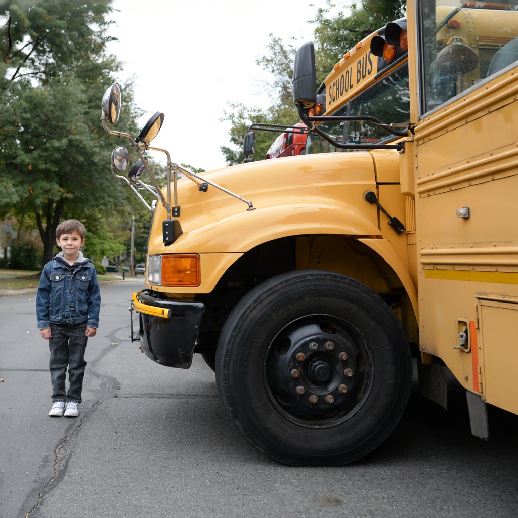 A person standing next to a yellow school bus, showing reali