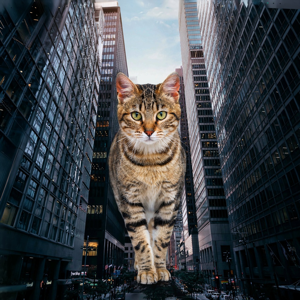 A giant tabby cat walking between city skyscrapers like a ka