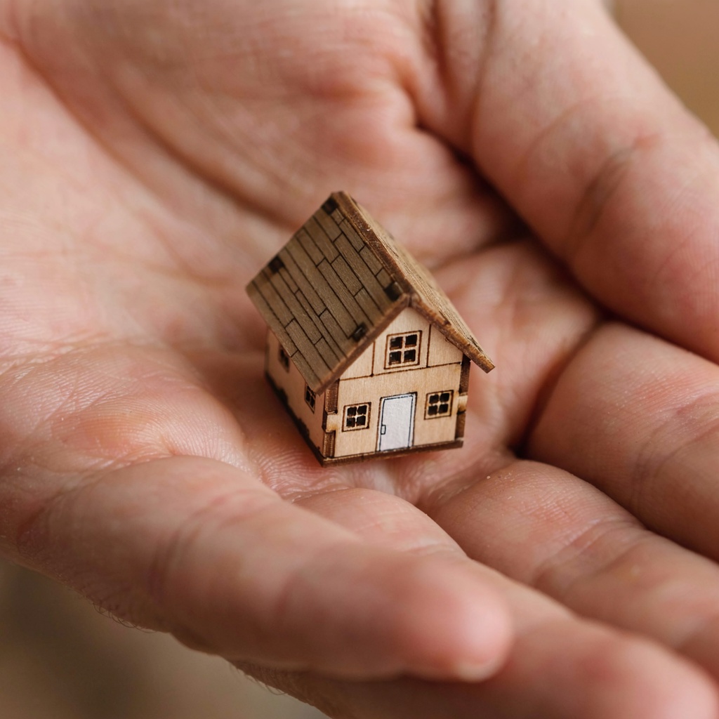 A miniature house sitting on the palm of someone's hand