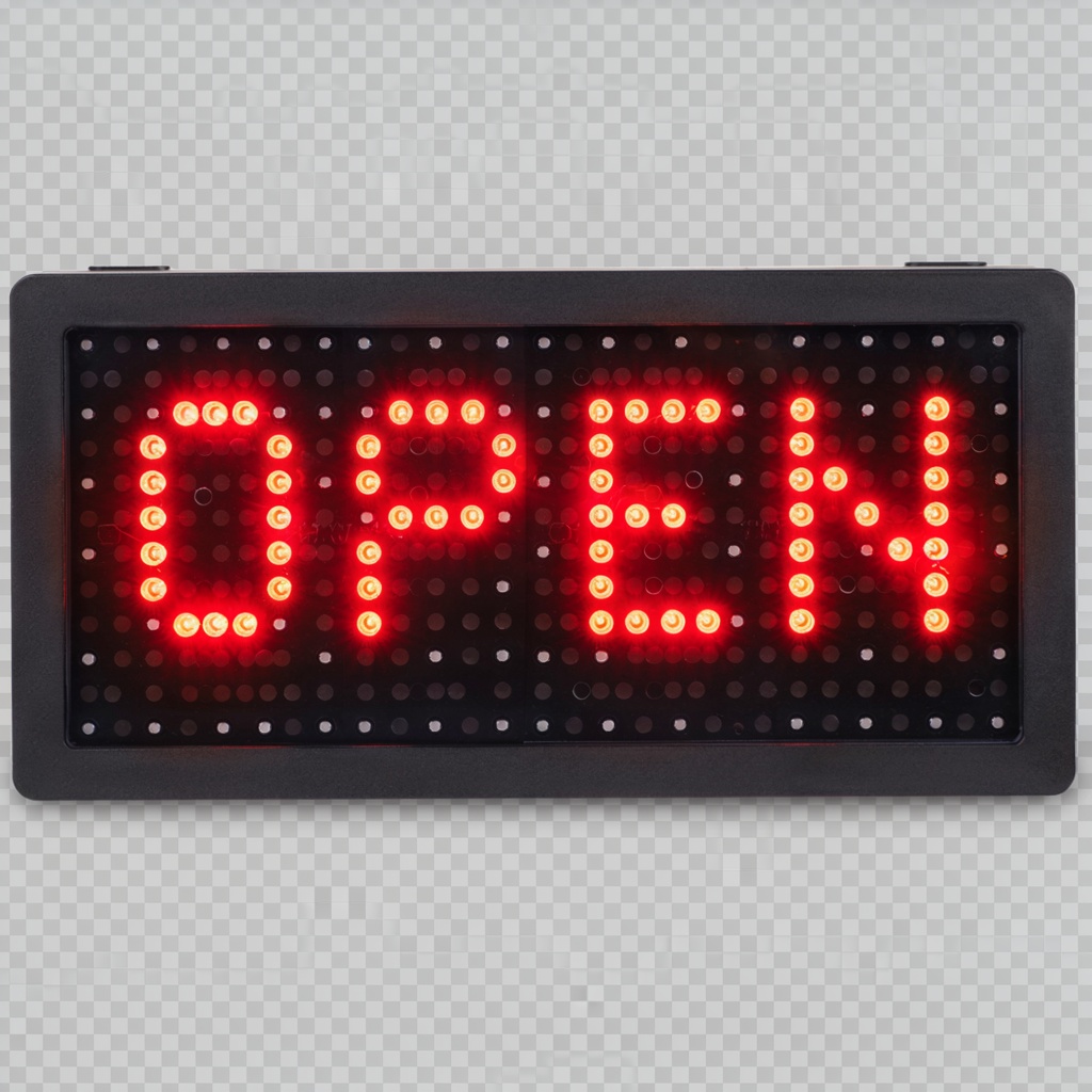The word 'OPEN' displayed on a red LED sign with glowing pix
