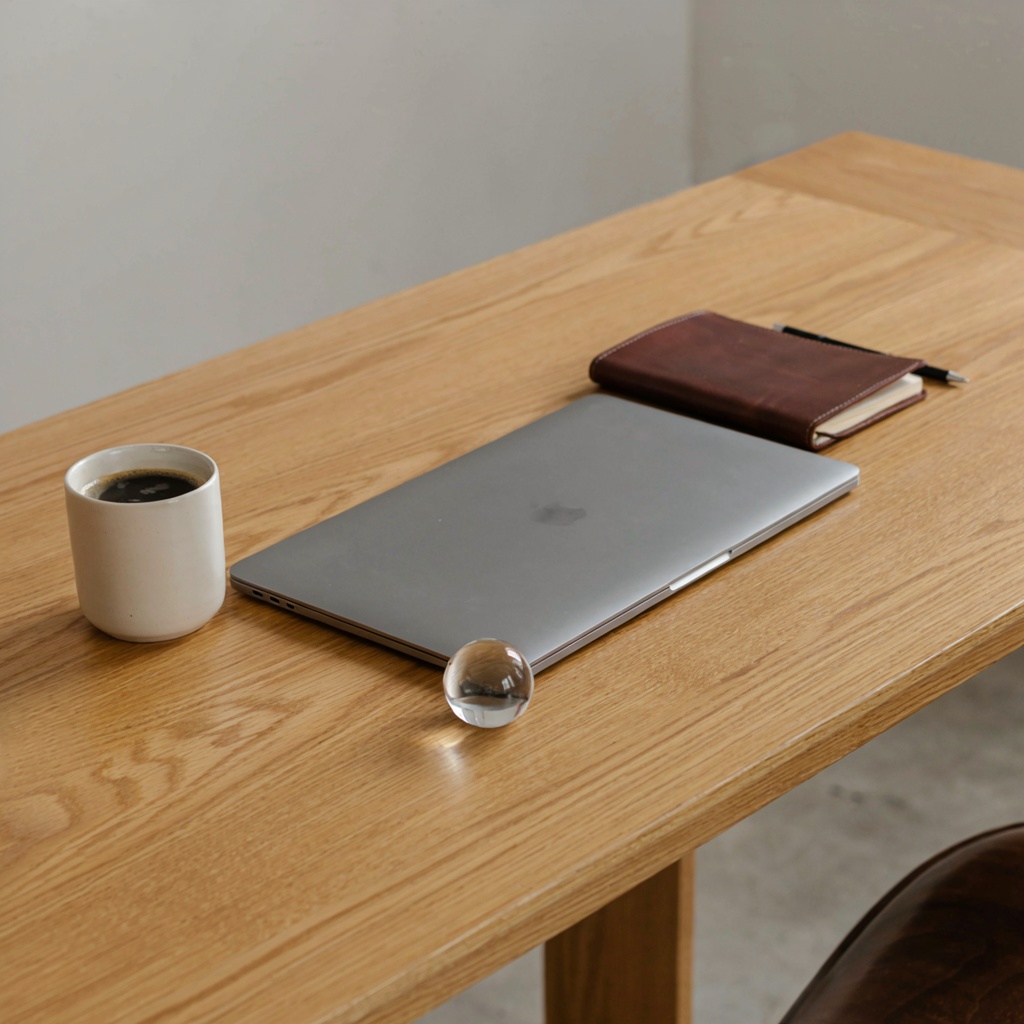 A workspace desk with a brushed aluminum laptop, a leather-b