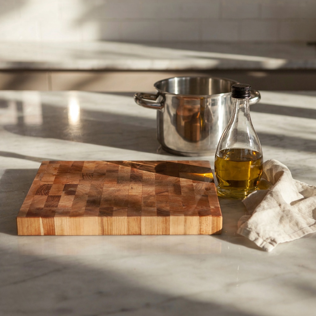 A kitchen counter with a stainless steel pot, a wooden cutti