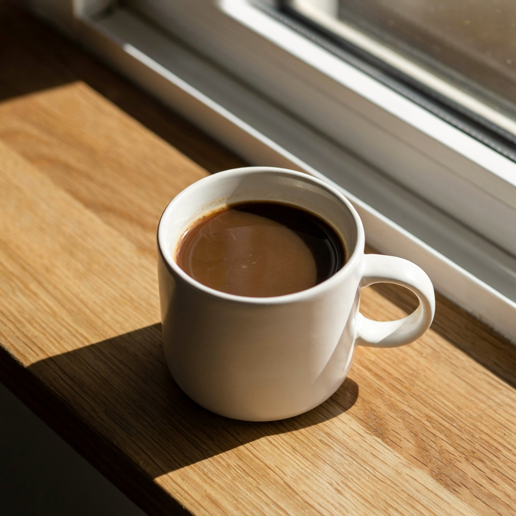 A coffee mug on a sunny windowsill casting a sharp shadow to