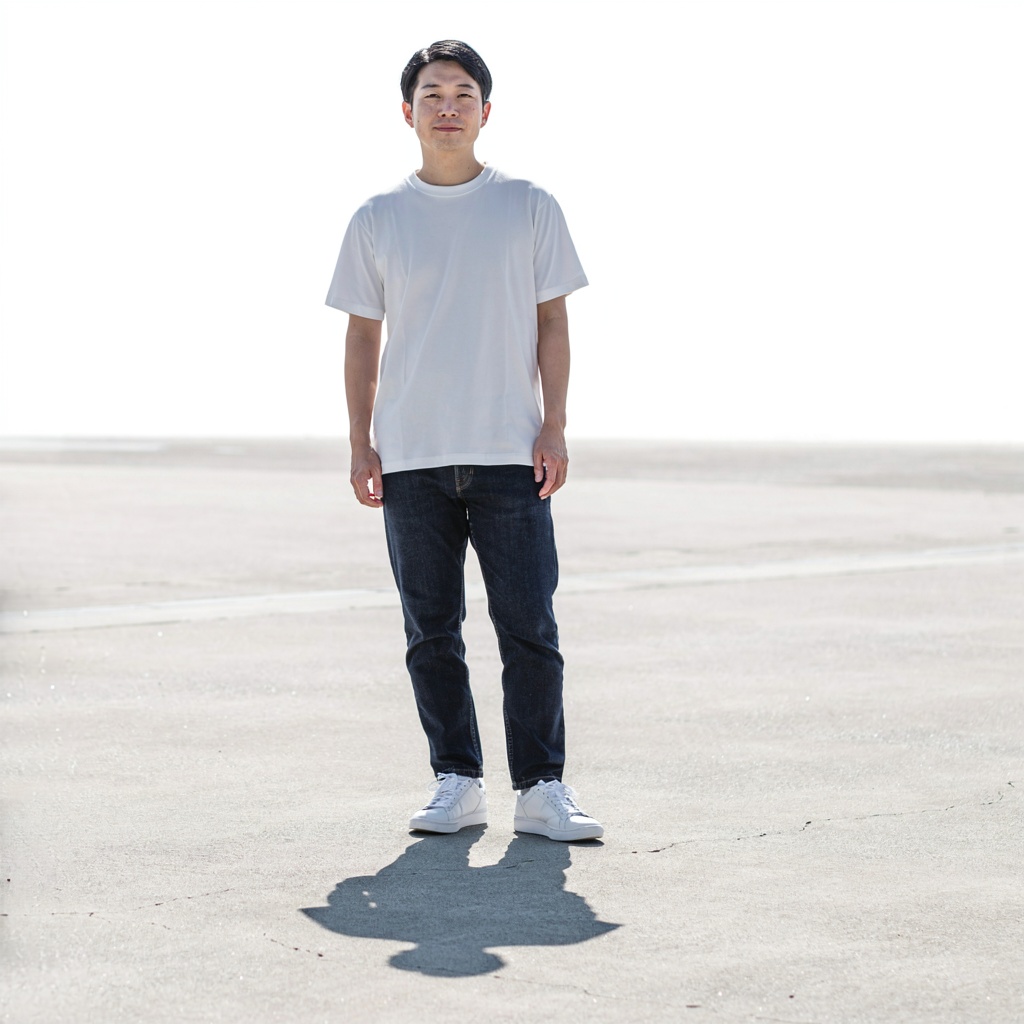 A person standing outdoors at midday with a short shadow dir