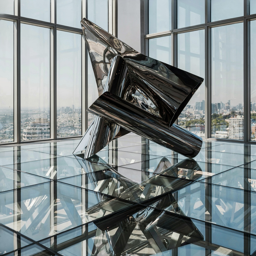 A chrome sculpture in a room with a glass floor and large wi