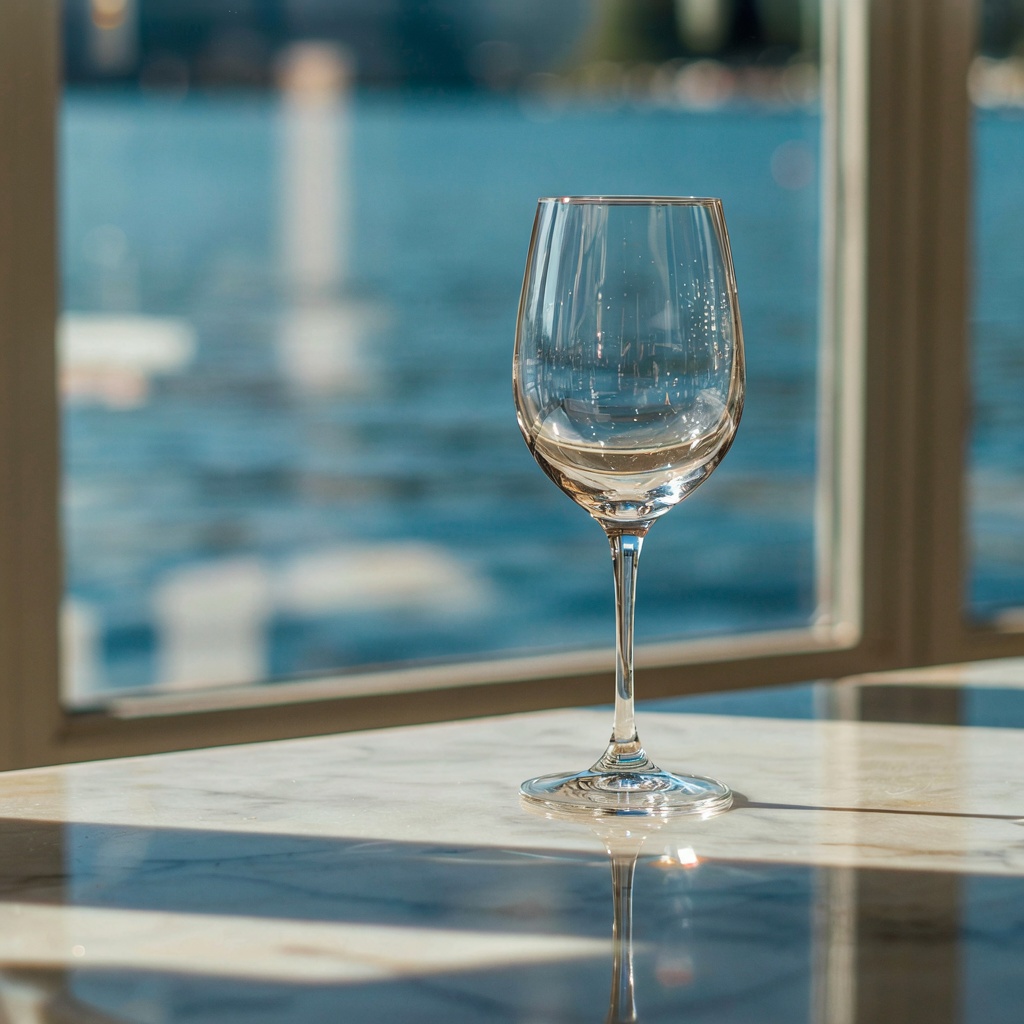 A crystal wine glass on a polished marble counter next to a 