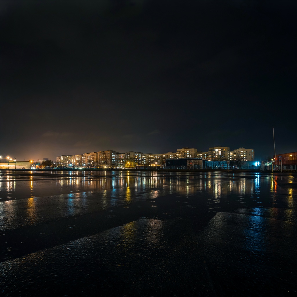 A city skyline reflected in a rain puddle on a street, with 