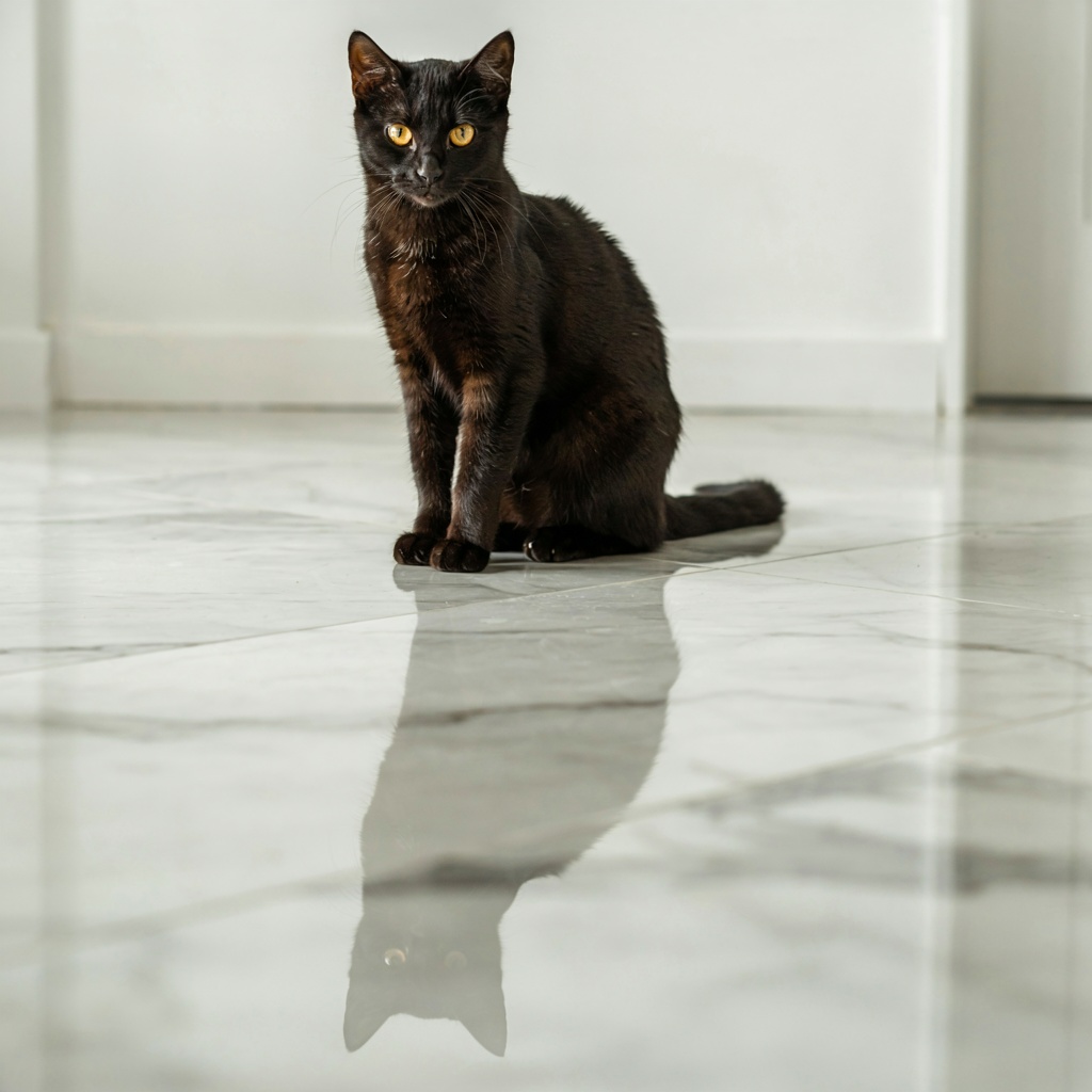 A cat sitting on a polished marble floor with its reflection