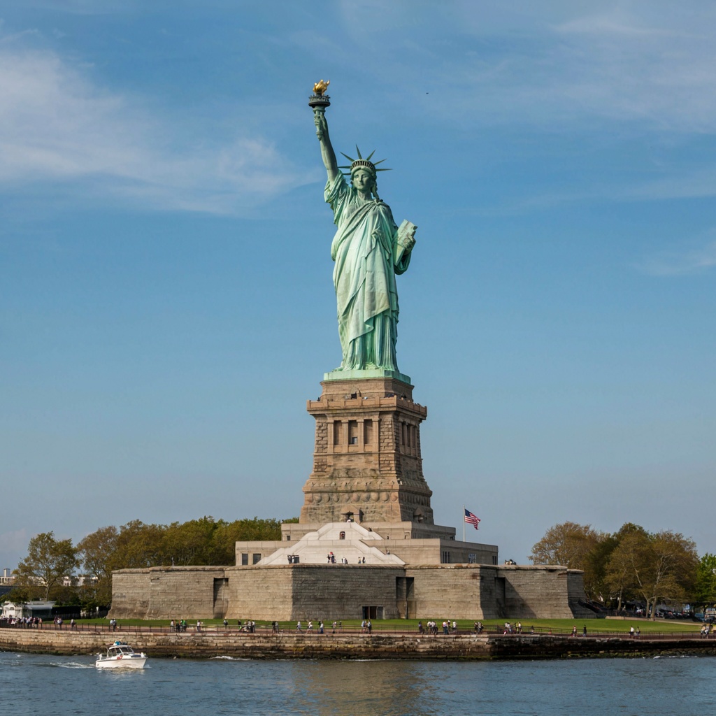 The Statue of Liberty on her island pedestal, with correct t
