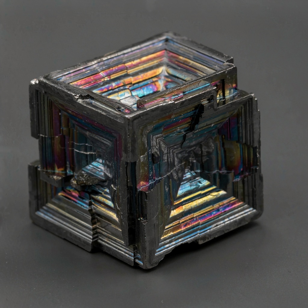 A specimen of bismuth crystal showing accurate iridescent ox
