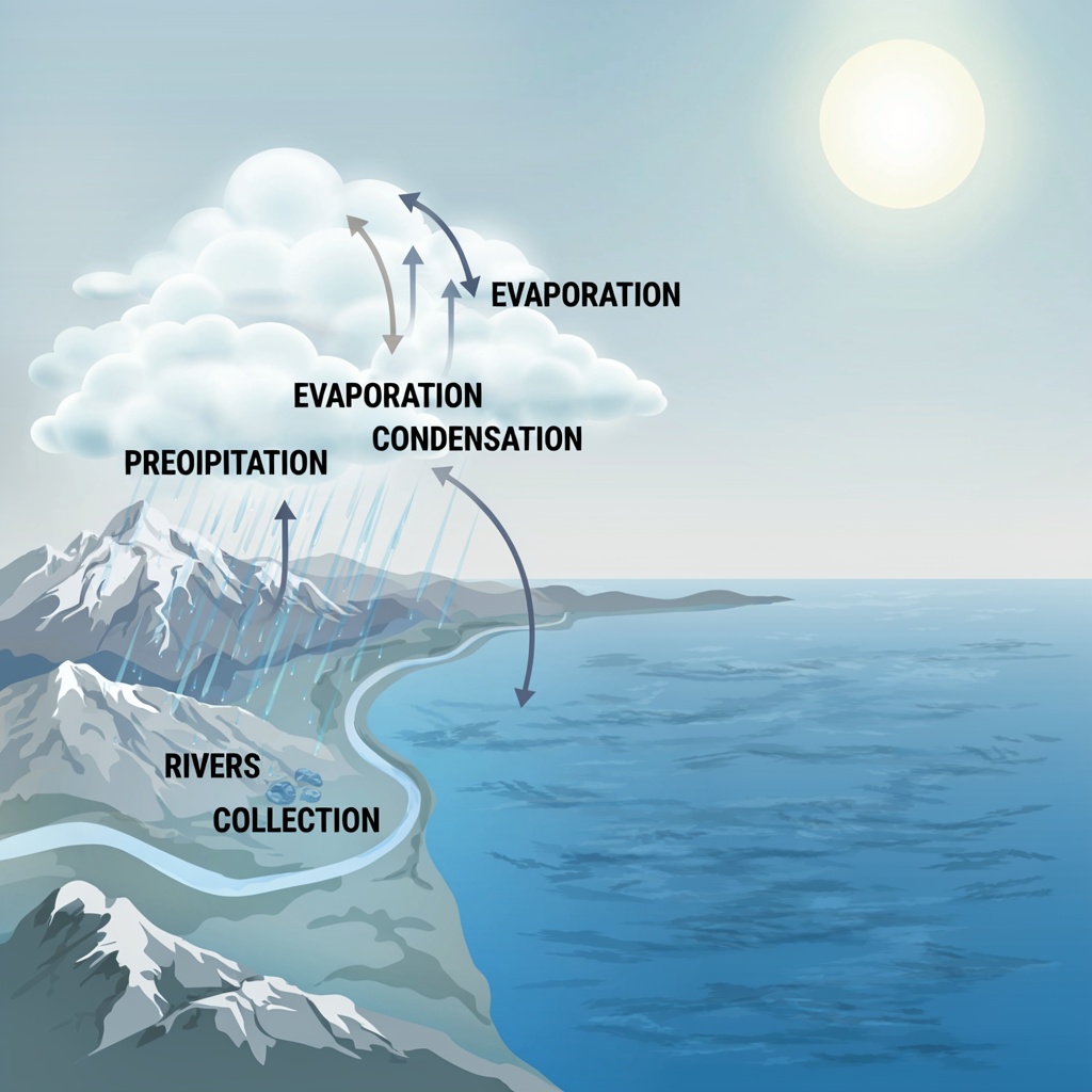 A detailed diagram of the water cycle showing evaporation fr
