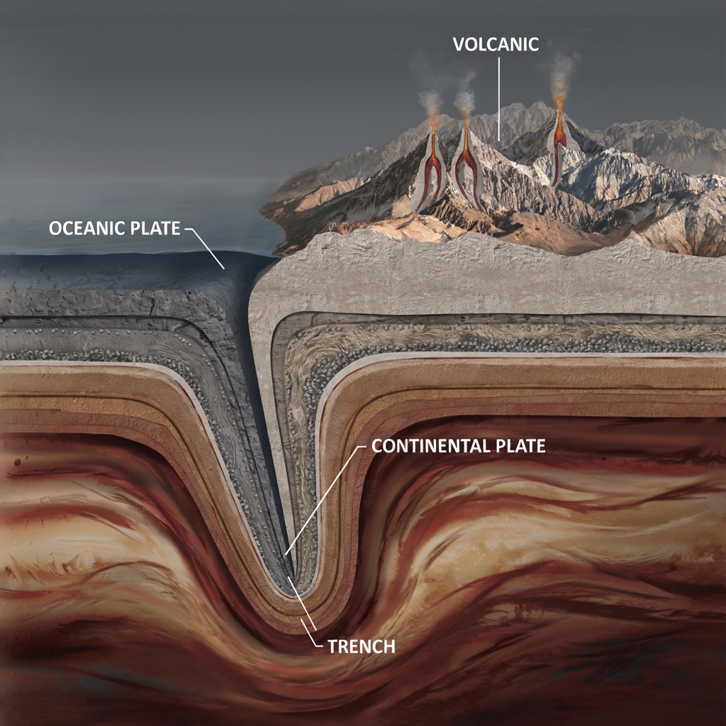 A cross-section showing tectonic plates at a convergent boun