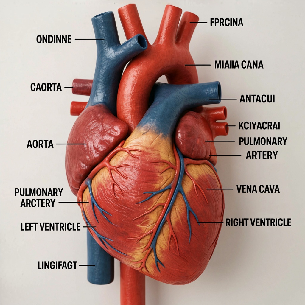 An anatomical illustration of the human heart showing four c