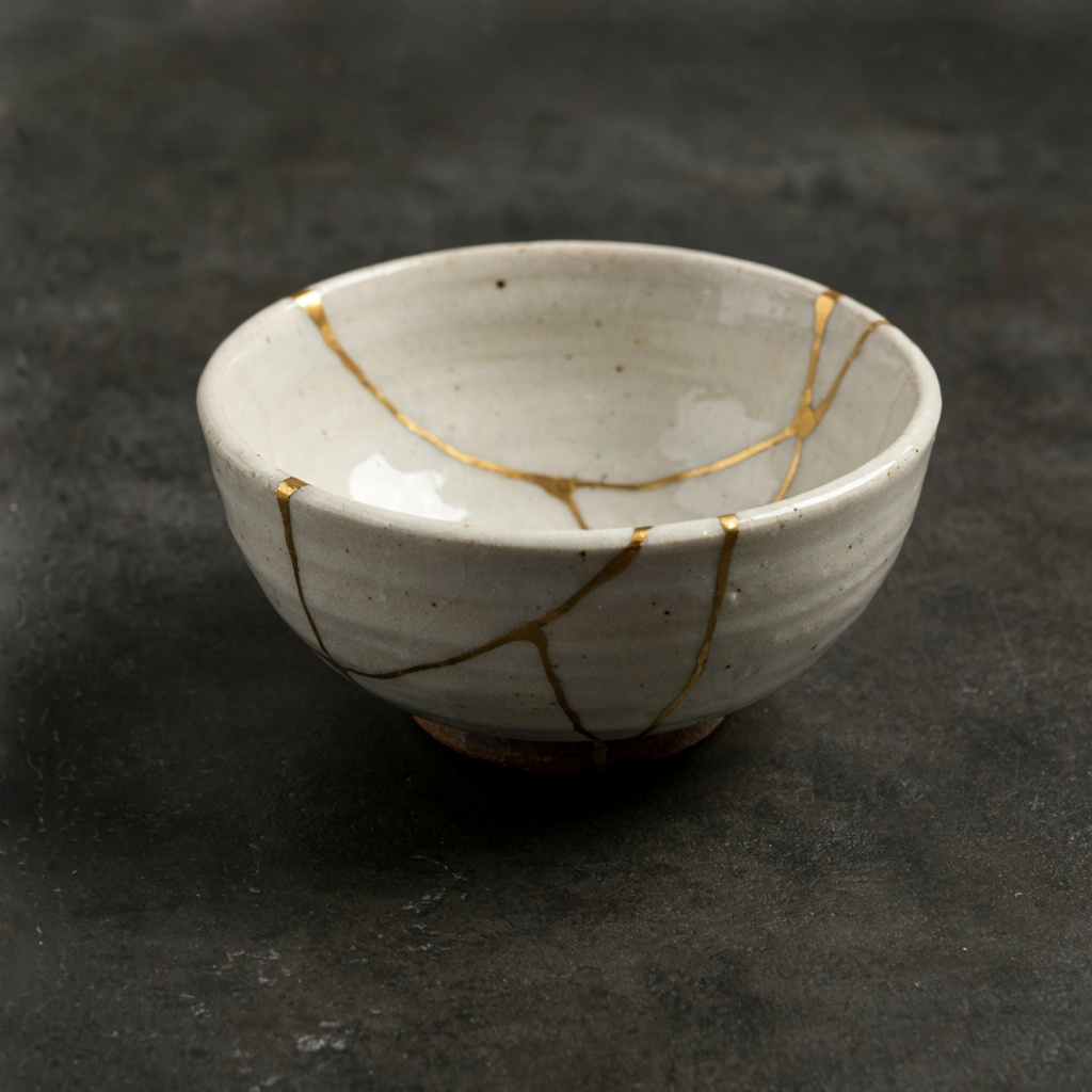 A Japanese kintsugi bowl — cracked ceramic repaired with vis