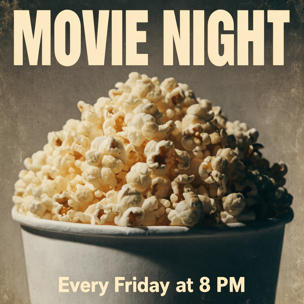A movie night poster with a large popcorn image in the cente