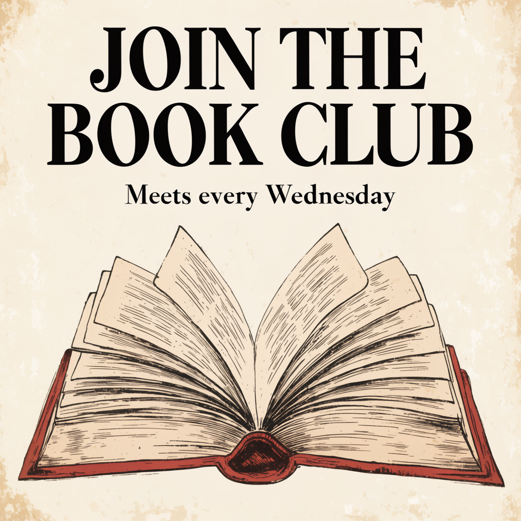 A book club poster with an open book illustration, the title