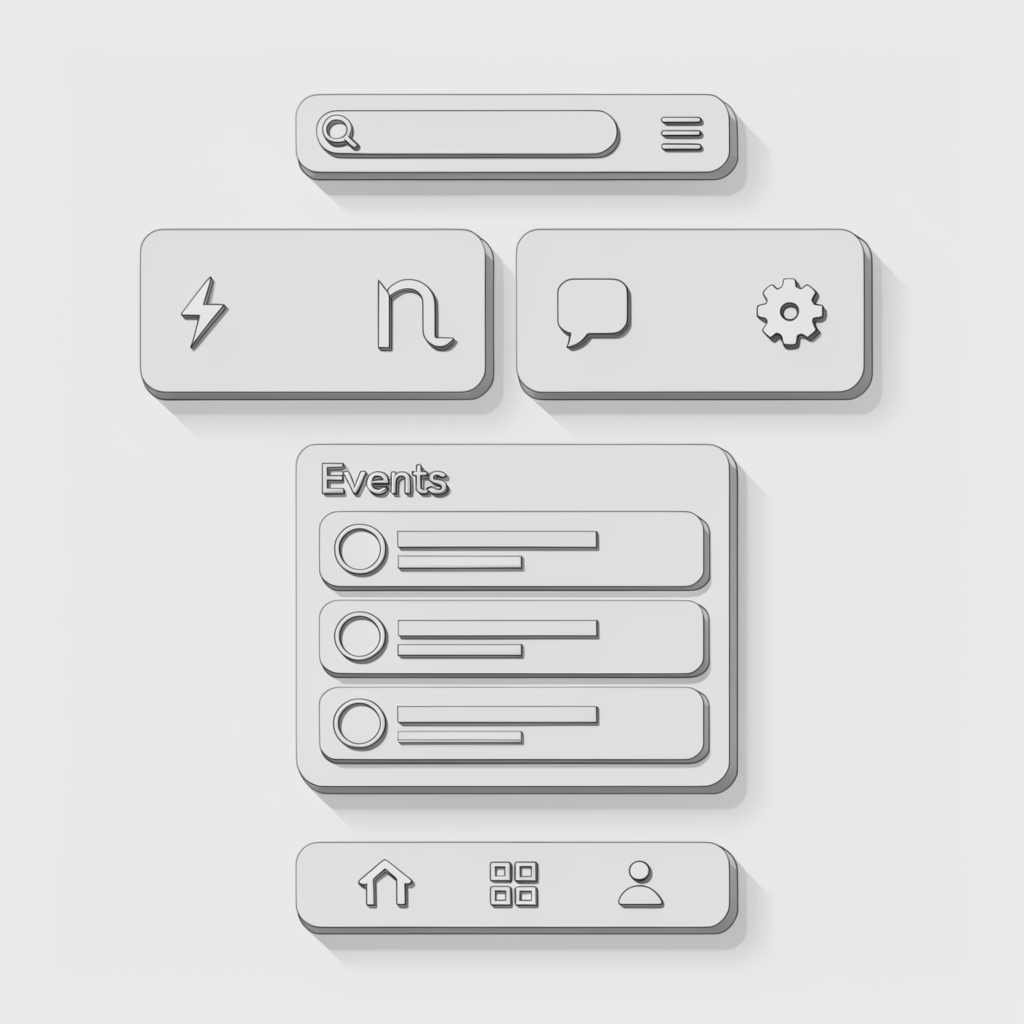 A mobile app UI mockup showing a dashboard with a top naviga