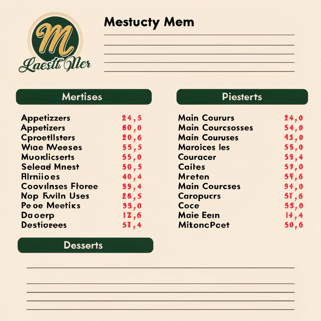 A restaurant menu layout with a logo header, three category 