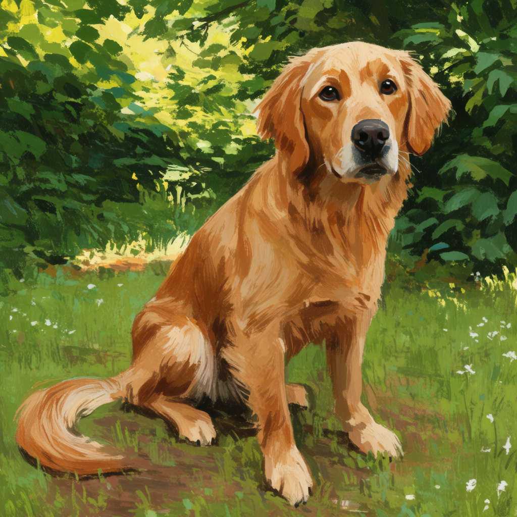 A golden retriever sitting in a garden, painted in the style