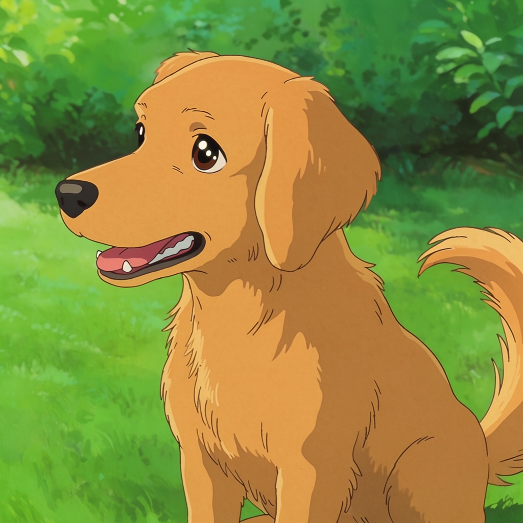 A golden retriever sitting in a garden, rendered in Japanese
