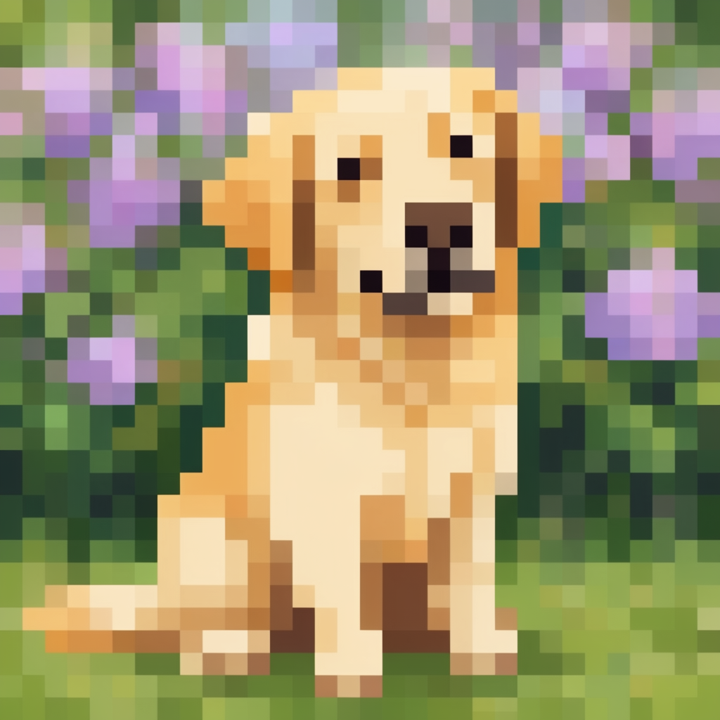 A golden retriever sitting in a garden, rendered in pixel ar
