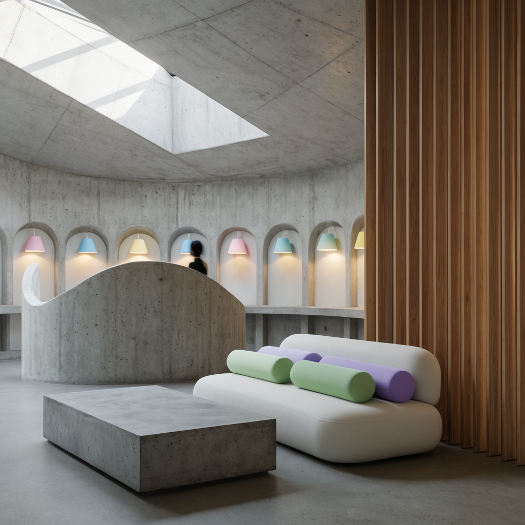 An interior scene rendered in soft brutalism — raw concrete 