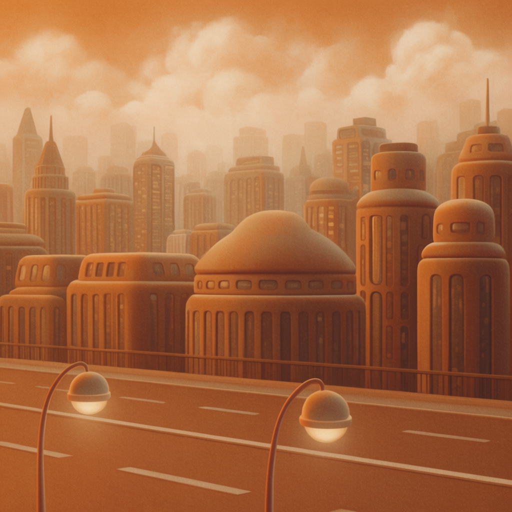 A cityscape rendered in nostalgic futurism — retro-futuristi