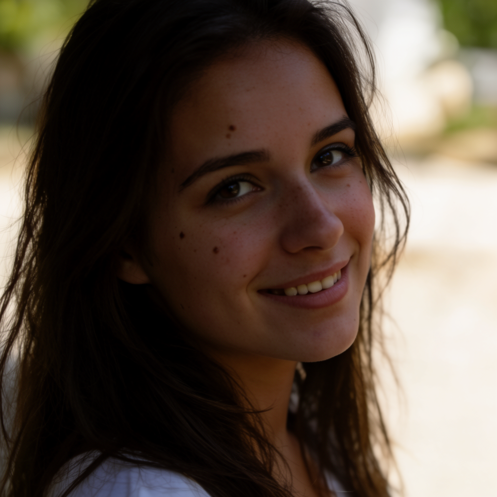 A close-up portrait of a young woman with a warm natural smi