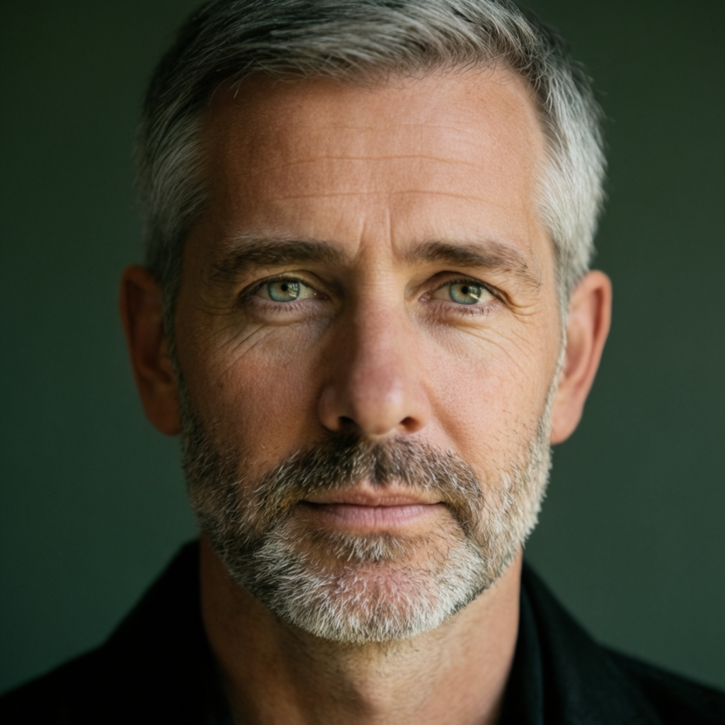 A portrait of a middle-aged man with a calm, serious express
