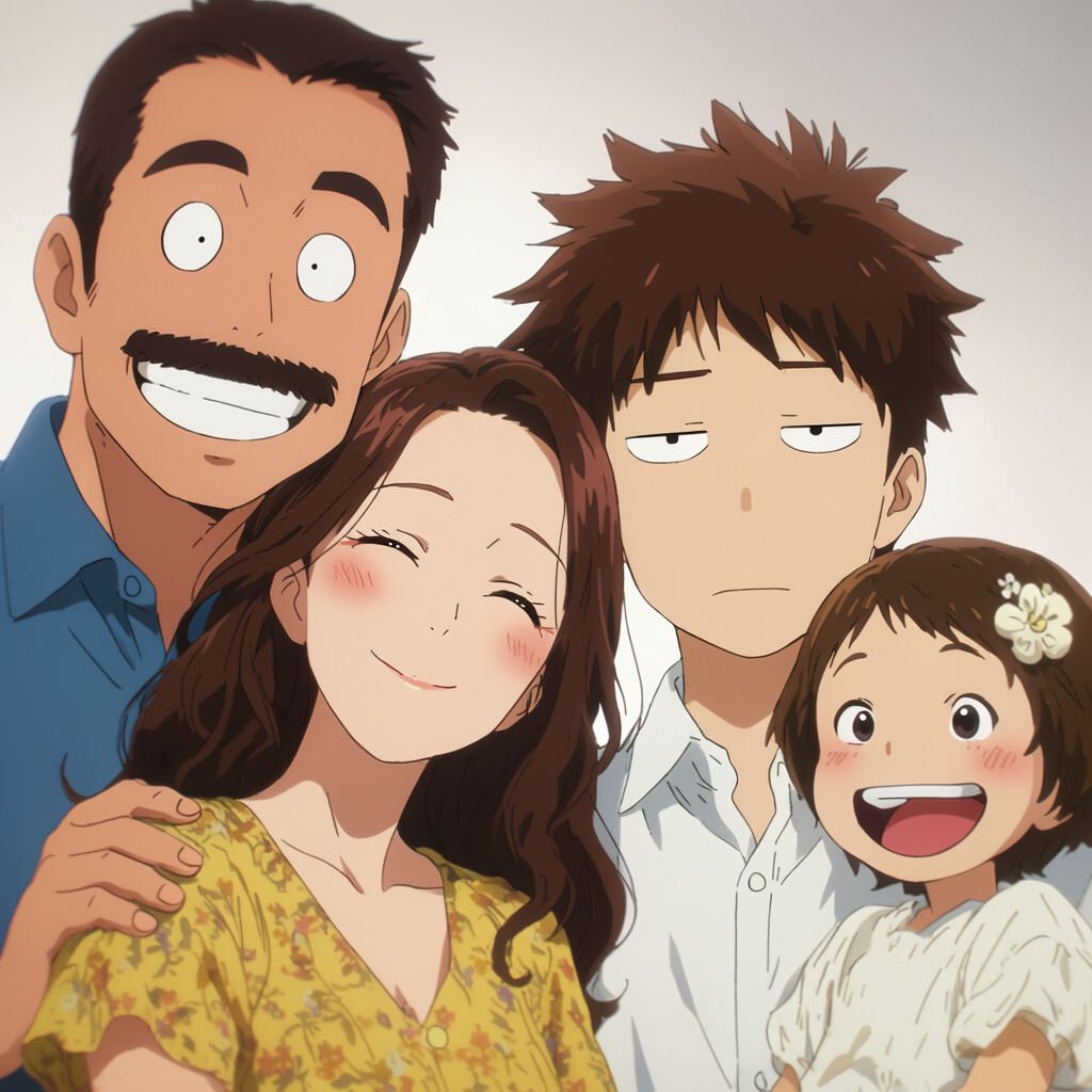 A family photo with four people: a father beaming with pride